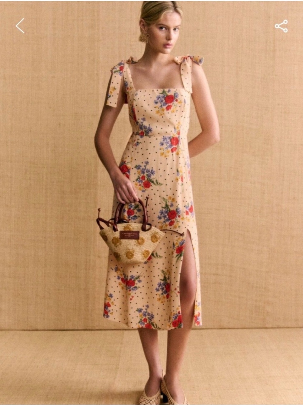 Sezane Cream Floral and Polka Dot Tie-Shoulder Midi Dress